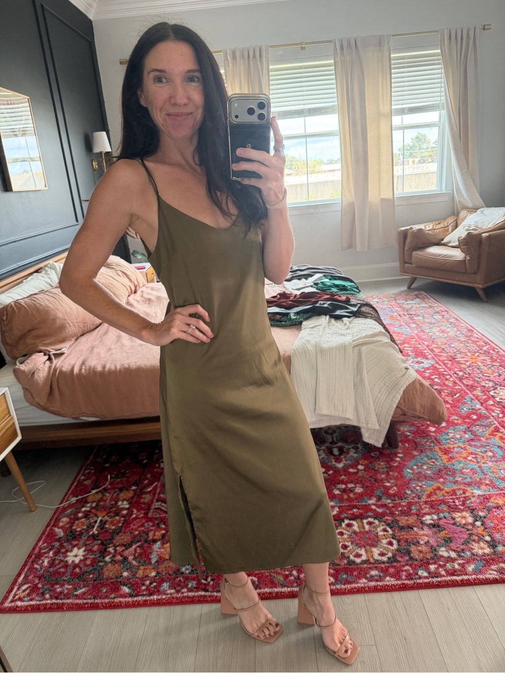 Sleek Olive Slip Midi Dress with Side Slit